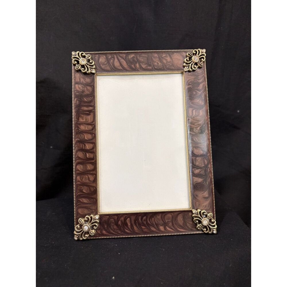 Vintage 90s Ornate Brown Faux Marble Enamel Picture Frame 5x7 Gold Filigree